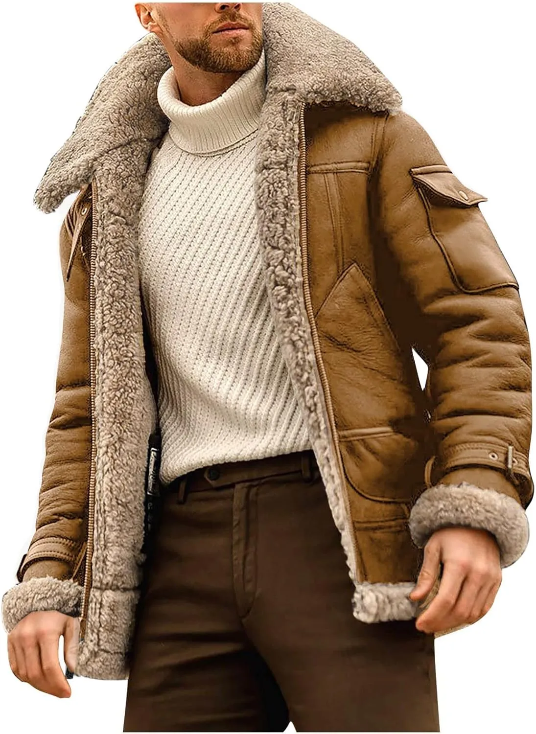 XIAXOGOOL Winter Coat For Men Big And Tall Faux Suede Fur Jacket Lapel Heavyweight Thicken Thermal Sherpa Lined Overcoat