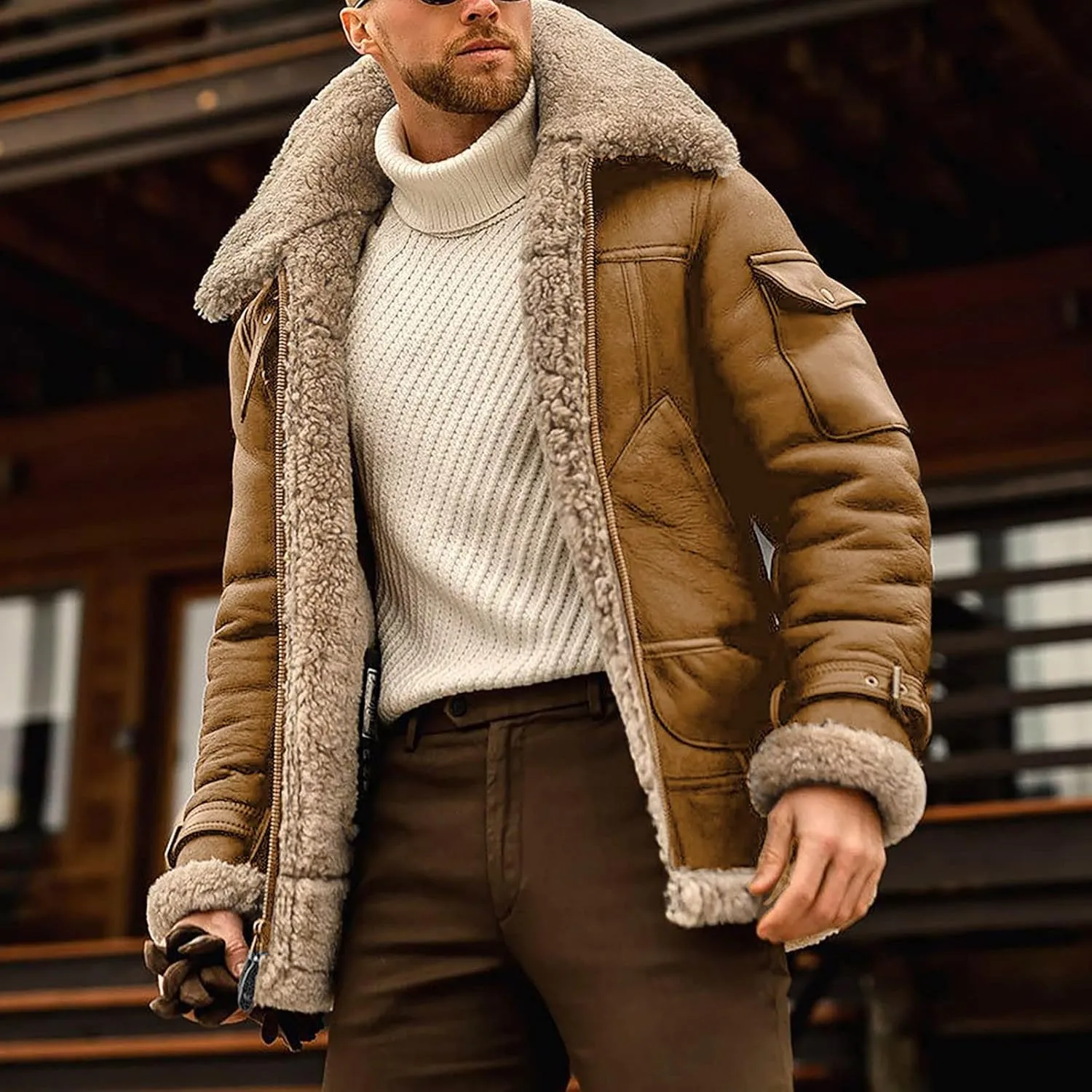 XIAXOGOOL Winter Coat For Men Big And Tall Faux Suede Fur Jacket Lapel Heavyweight Thicken Thermal Sherpa Lined Overcoat