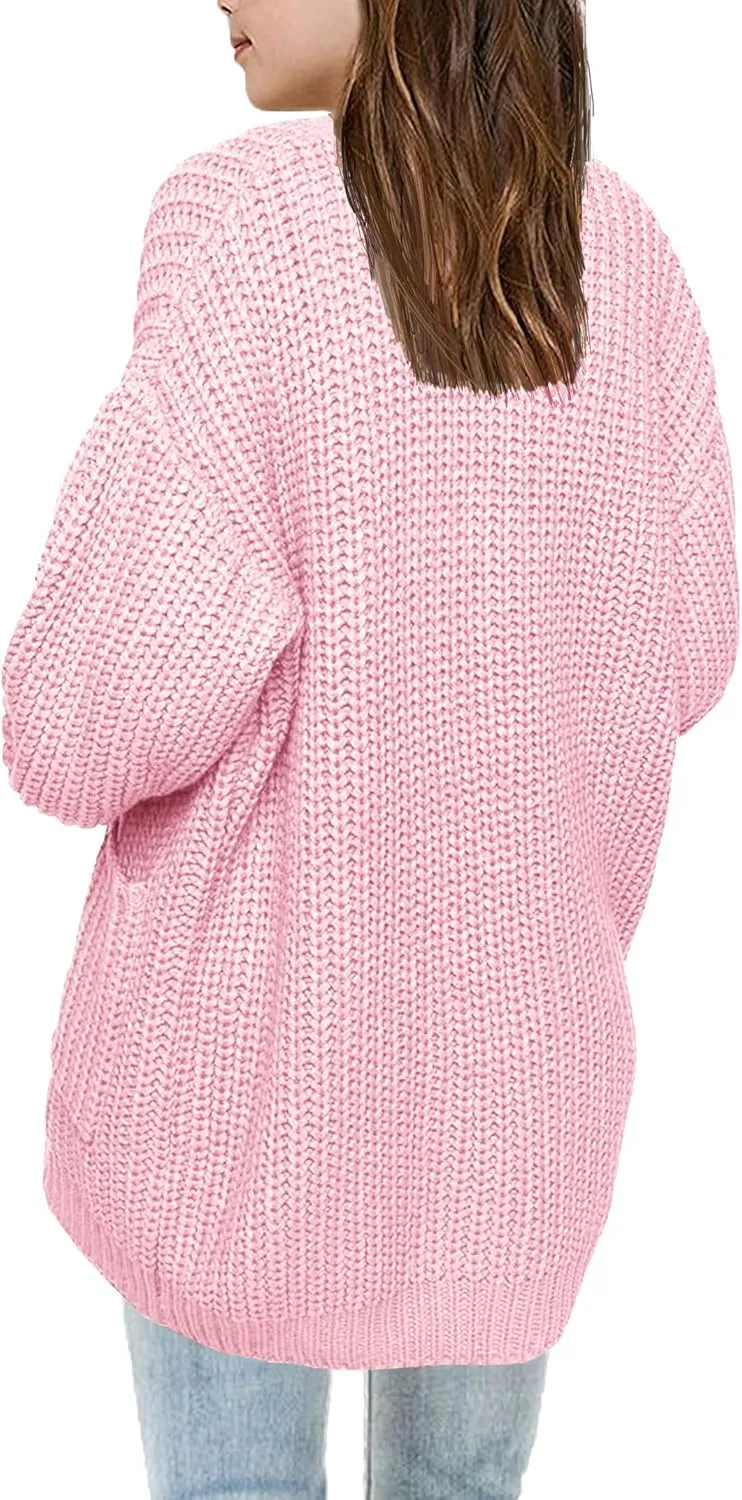 XuBa Girls Cardigan with Pockets Open Front Striped Color Block Knitted Soft Sweater Coat