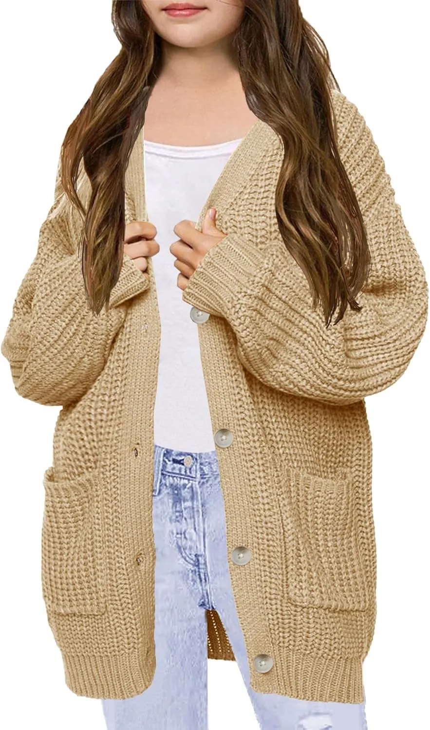 XuBa Girls Cardigan with Pockets Open Front Striped Color Block Knitted Soft Sweater Coat