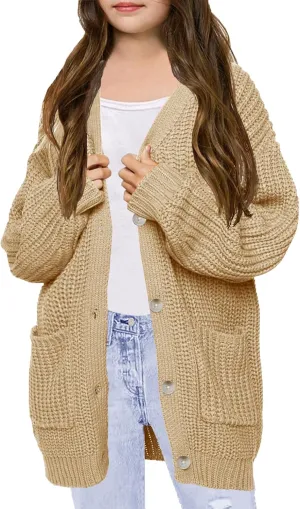 XuBa Girls Cardigan with Pockets Open Front Striped Color Block Knitted Soft Sweater Coat