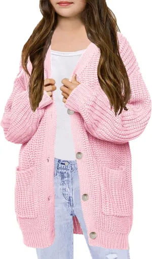 XuBa Girls Cardigan with Pockets Open Front Striped Color Block Knitted Soft Sweater Coat