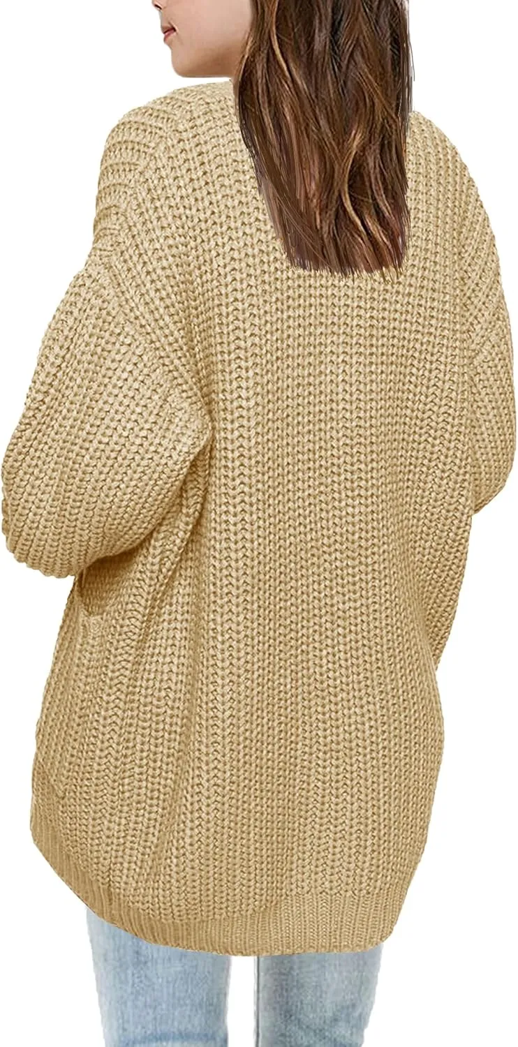 XuBa Girls Cardigan with Pockets Open Front Striped Color Block Knitted Soft Sweater Coat