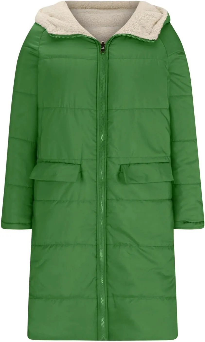 XUNRYAN Womens Sherpa Puffer Jackets Zip Up Long Parka Quilted Lightweight Down Coat Fleece Lined Outdoor Anorak Hood