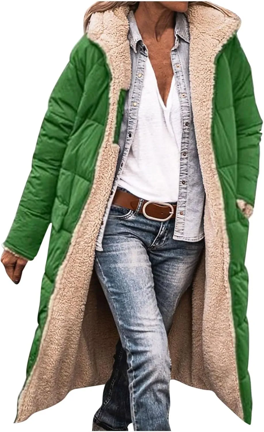 XUNRYAN Womens Sherpa Puffer Jackets Zip Up Long Parka Quilted Lightweight Down Coat Fleece Lined Outdoor Anorak Hood