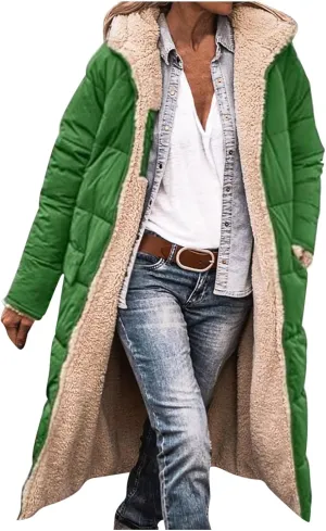 XUNRYAN Womens Sherpa Puffer Jackets Zip Up Long Parka Quilted Lightweight Down Coat Fleece Lined Outdoor Anorak Hood