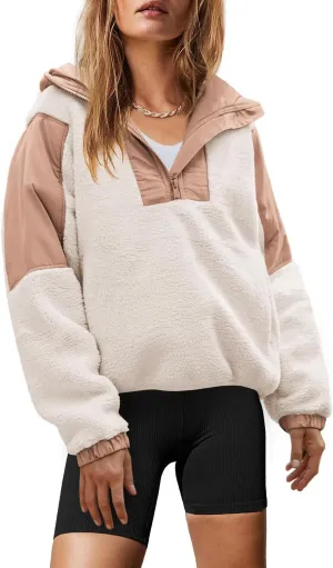 Yanekop Womens Fuzzy Fleece Hoodie Sherpa Sweatshirt Quarter Zip Pullover Long Sleeve Outerwear with Pockets