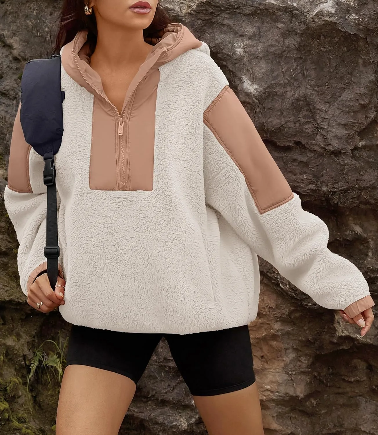 Yanekop Womens Fuzzy Fleece Hoodie Sherpa Sweatshirt Quarter Zip Pullover Long Sleeve Outerwear with Pockets