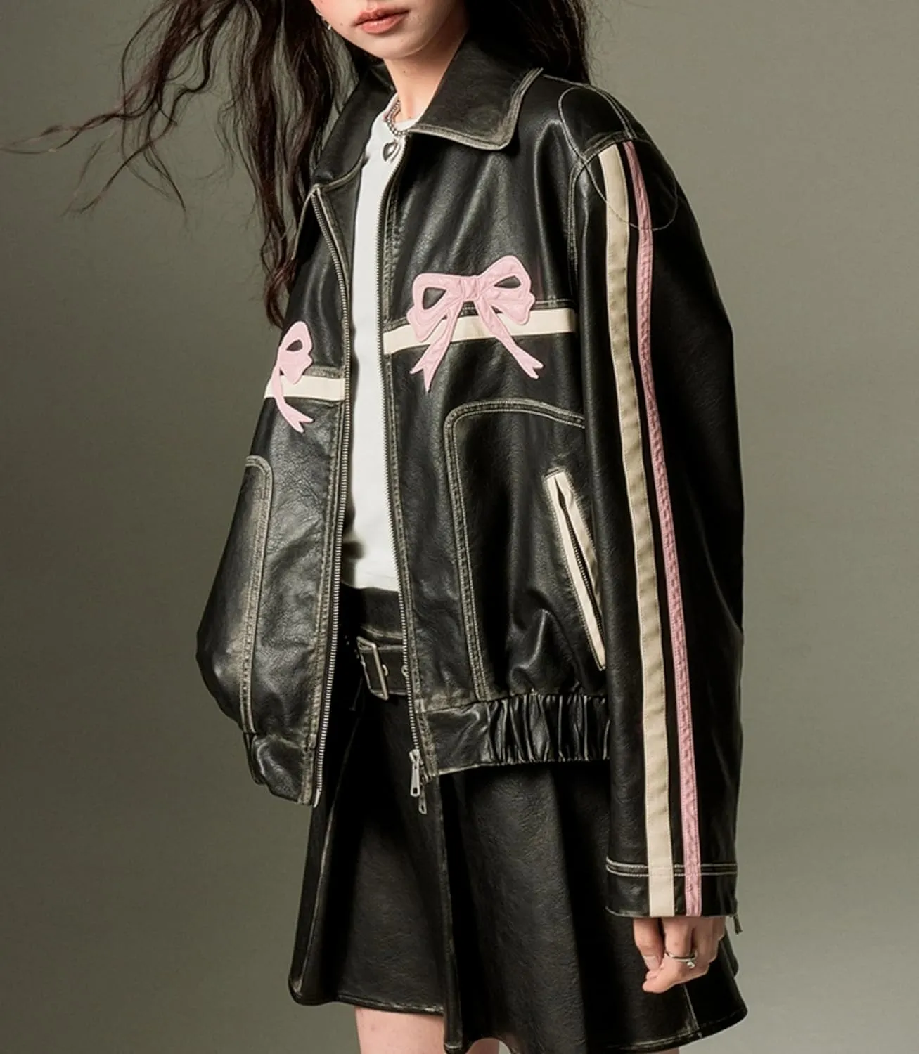 YELLOOP Bow Jacket Leather Bomber Jacket Faux Leather Jacket Women Vintage Leather Jacket Y2k