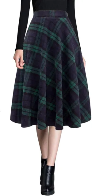 Ylingjun Womens Warm Wool Midi Skirts Winter Fall High Elastic Waist A line Flared Woolen Skirts