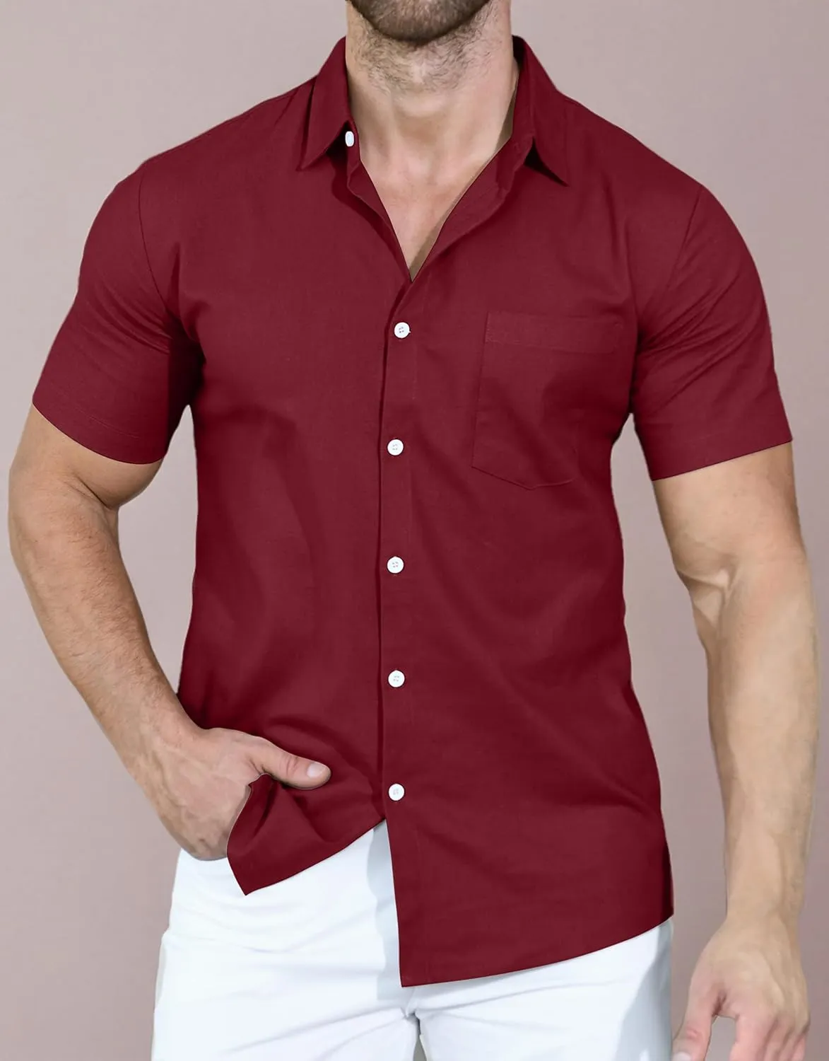 YTD Men's Casual Linen Button Down Shirt Short Sleeve Beach Shirt