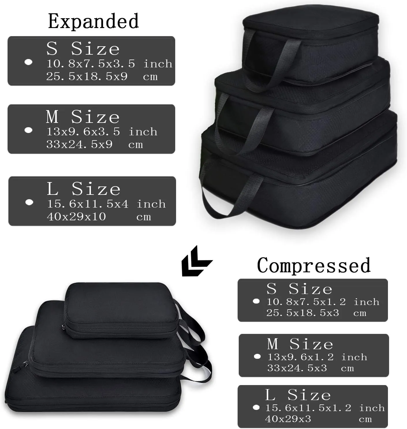 YZAOLL 3 Set/6 Set/7 Set Compression Packing Cubes Travel Accessories Expandable Packing Organizers,Travel Essentials for Carry on 3 Set Black