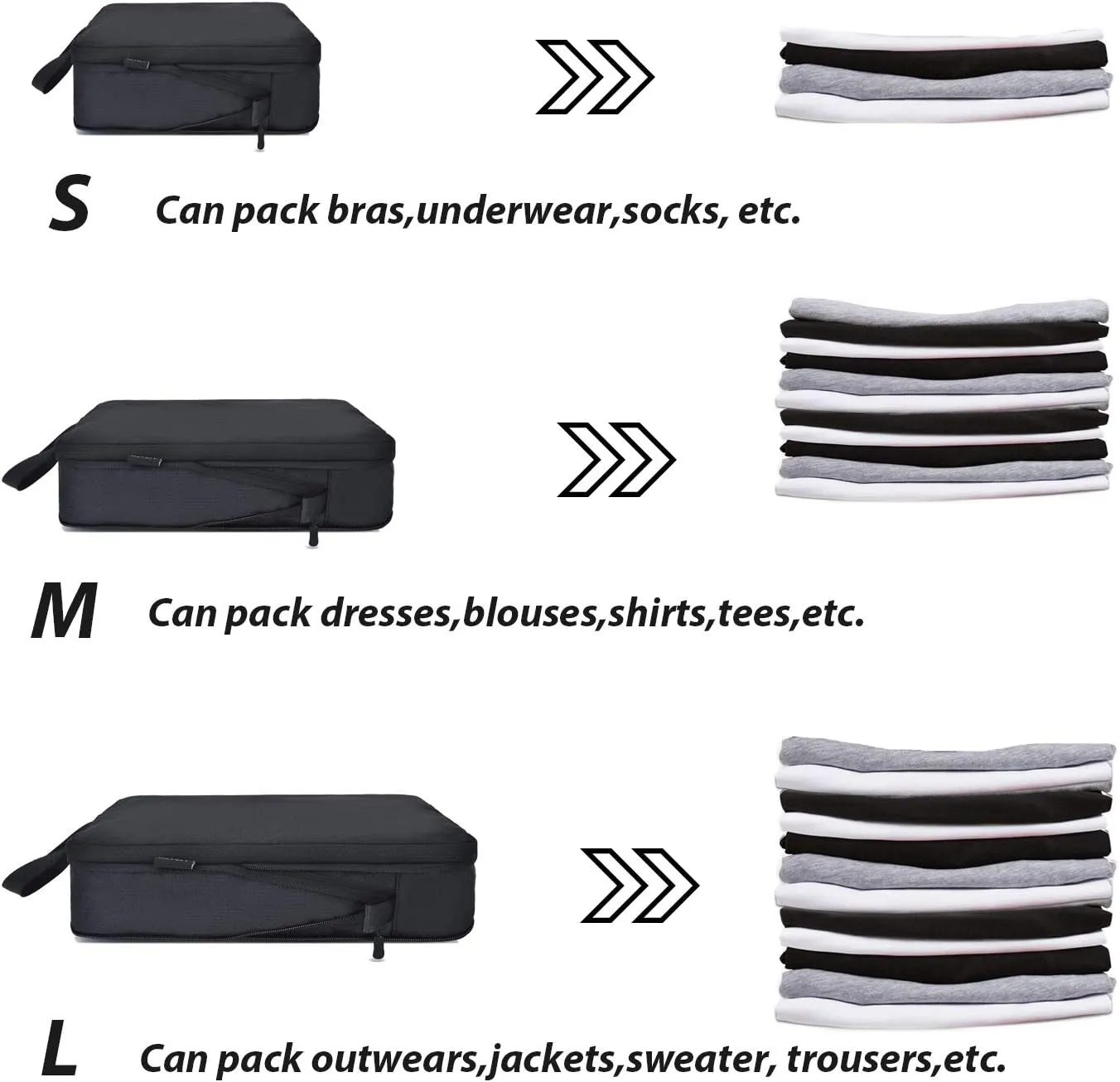 YZAOLL 3 Set/6 Set/7 Set Compression Packing Cubes Travel Accessories Expandable Packing Organizers,Travel Essentials for Carry on 3 Set Black