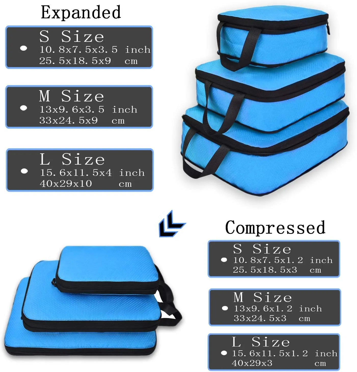 YZAOLL 3 Set/6 Set/7 Set Compression Packing Cubes Travel Accessories Expandable Packing Organizers,Travel Essentials for Carry on 3 Set Blue