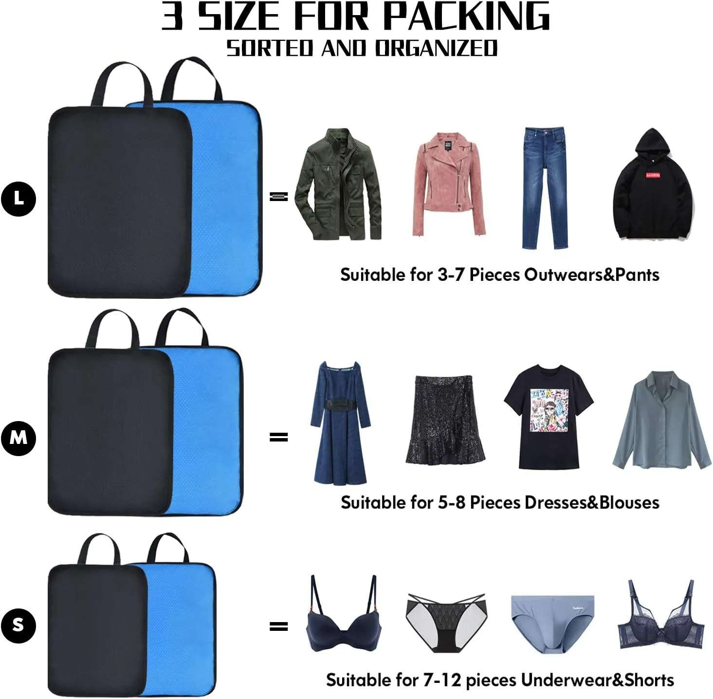 YZAOLL 3 Set/6 Set/7 Set Compression Packing Cubes Travel Accessories Expandable Packing Organizers,Travel Essentials for Carry on 6 Set BlackBlue