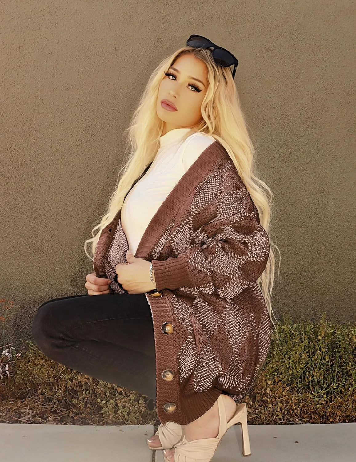 ZAFUL Women's Cardigan Sweaters Argyle Plaid Long Sleeve Button Down Preppy Oversized Chunky Knit Outerwear