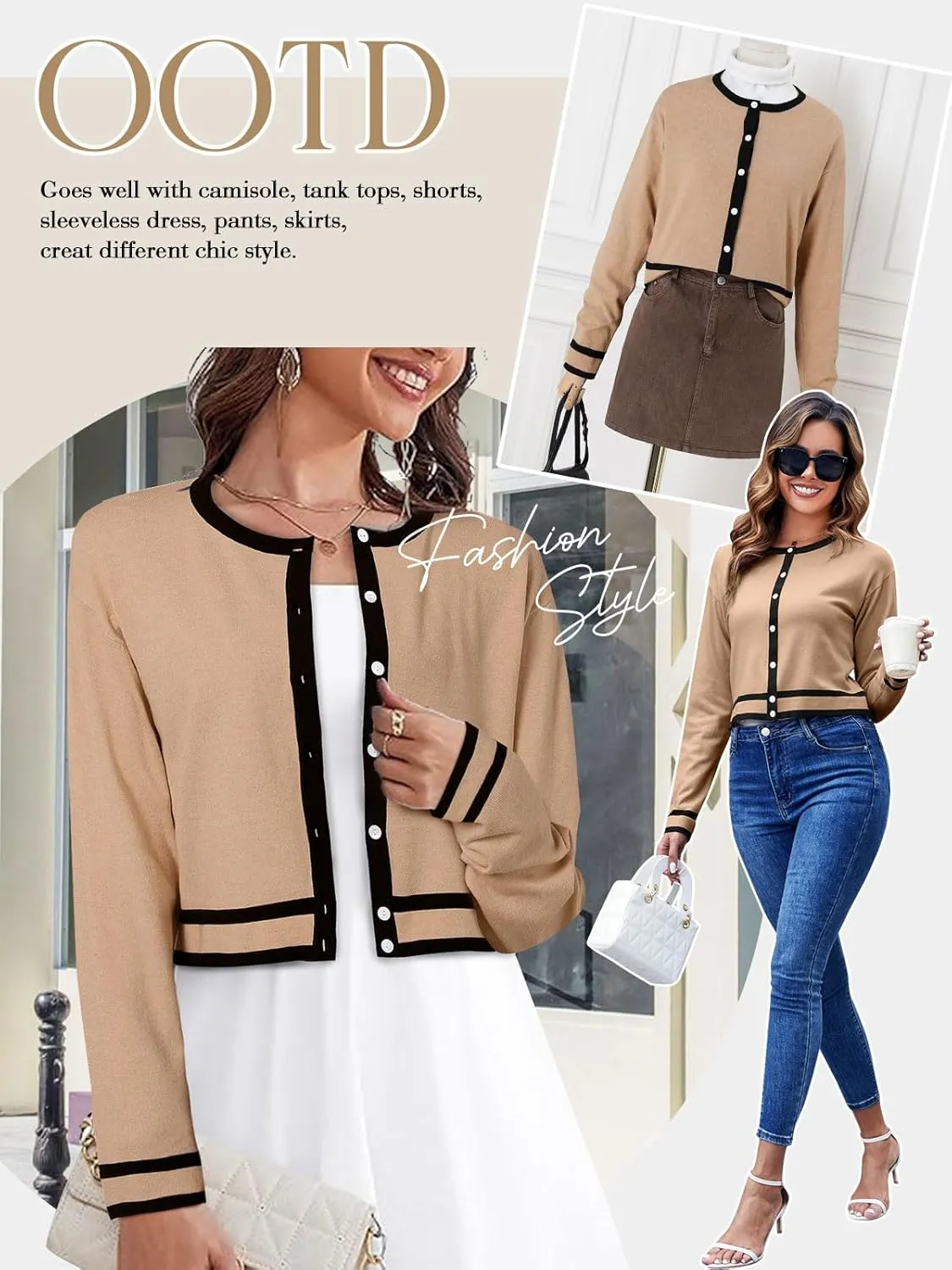 ZANZEA Cropped Cardigan Sweaters for Women Color Block Lightweight Bolero Shrug Button Down Long Sleeve Tops Fall Outfits