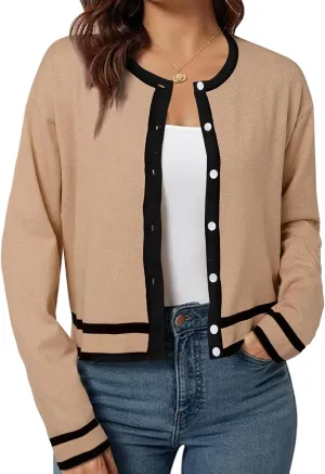ZANZEA Cropped Cardigan Sweaters for Women Color Block Lightweight Bolero Shrug Button Down Long Sleeve Tops Fall Outfits