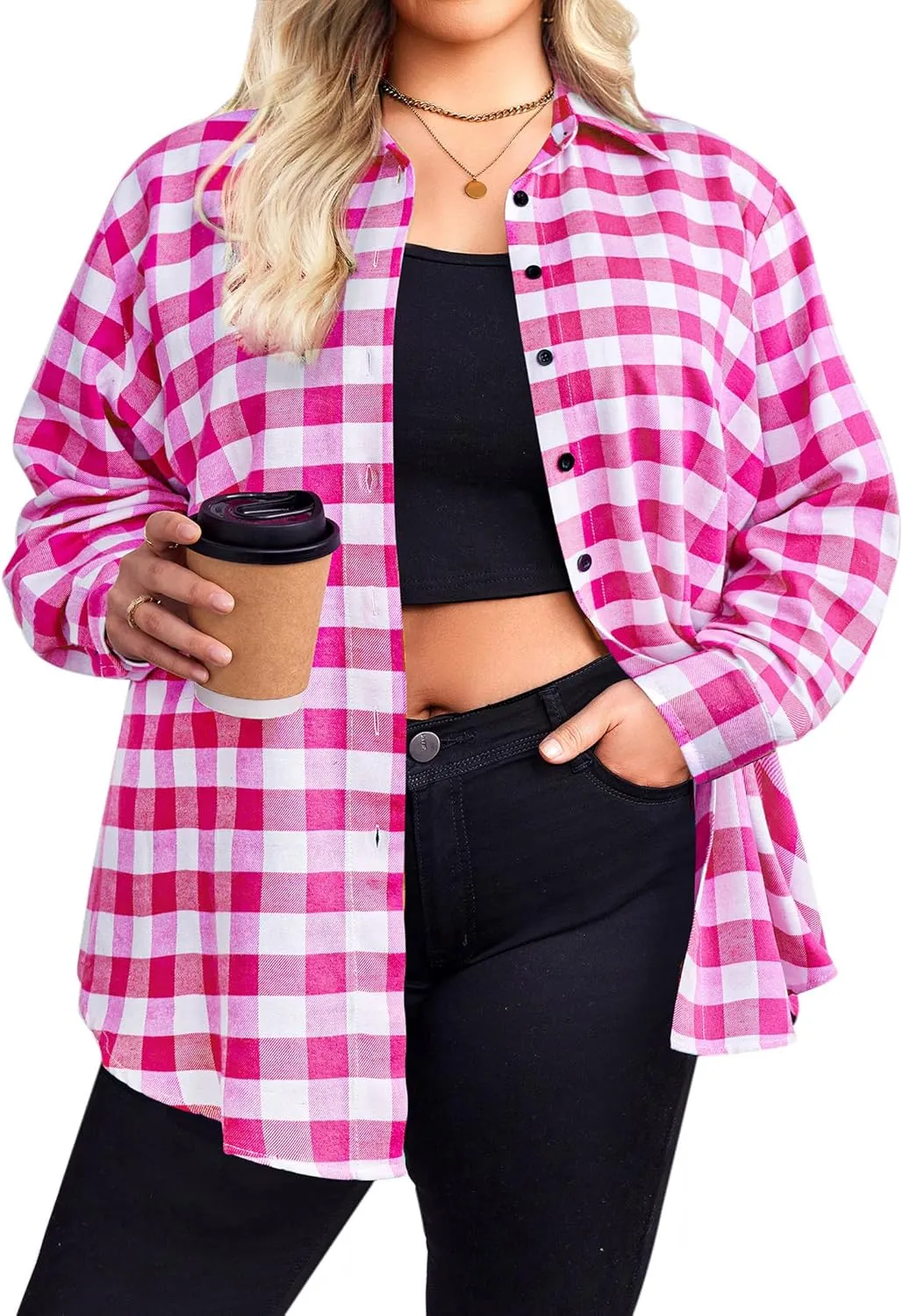 Zeagoo Womens Plus Size Flannel Plaid Shirt Button Down Shirts Long Sleeves Casual Collared Shacket Tops