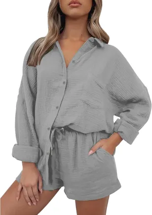 ZWRXW Linen 2 Piece Sets for Women Fashion Texture Lounge Sets Oversized Shirts and Shorts Matching Set Spring Summer Outfit