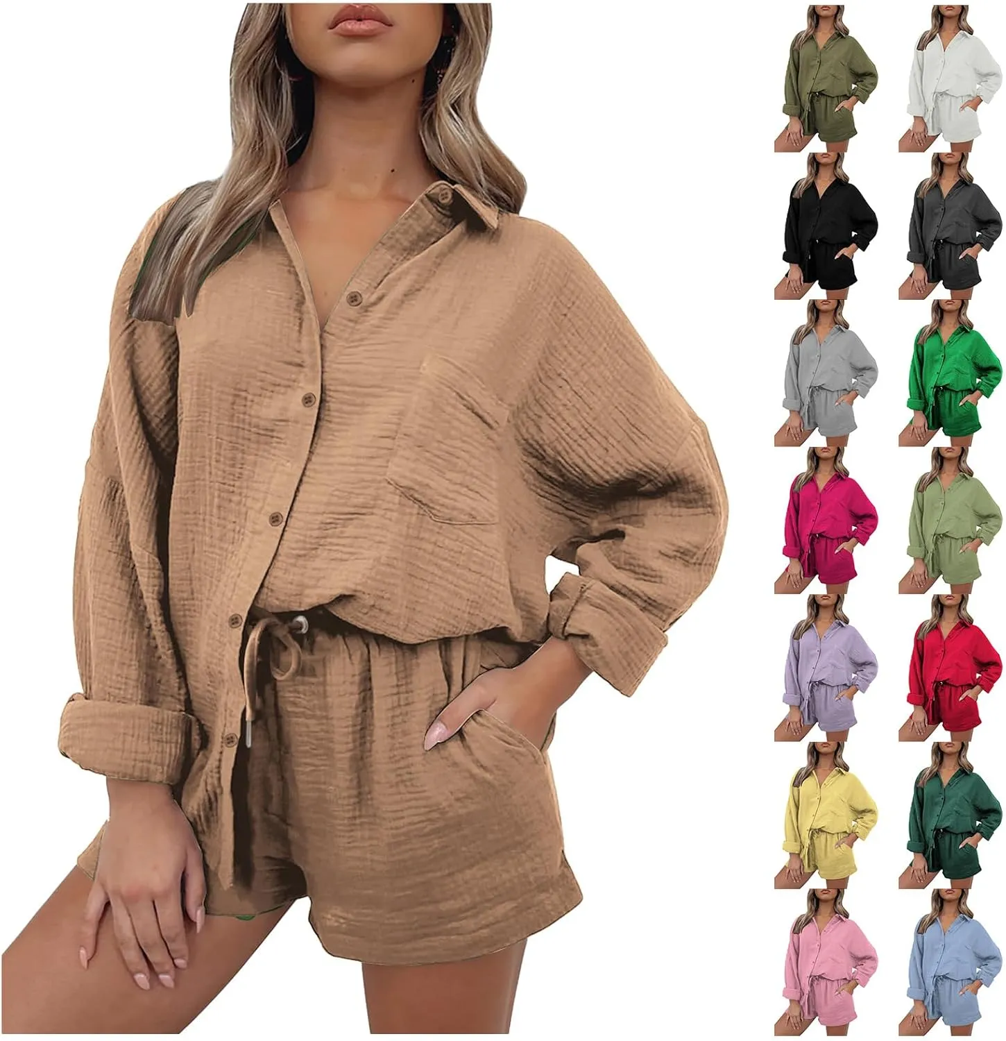 ZWRXW Linen 2 Piece Sets for Women Fashion Texture Lounge Sets Oversized Shirts and Shorts Matching Set Spring Summer Outfit
