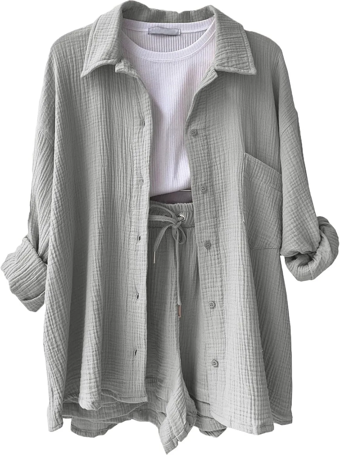 ZWRXW Linen 2 Piece Sets for Women Fashion Texture Lounge Sets Oversized Shirts and Shorts Matching Set Spring Summer Outfit