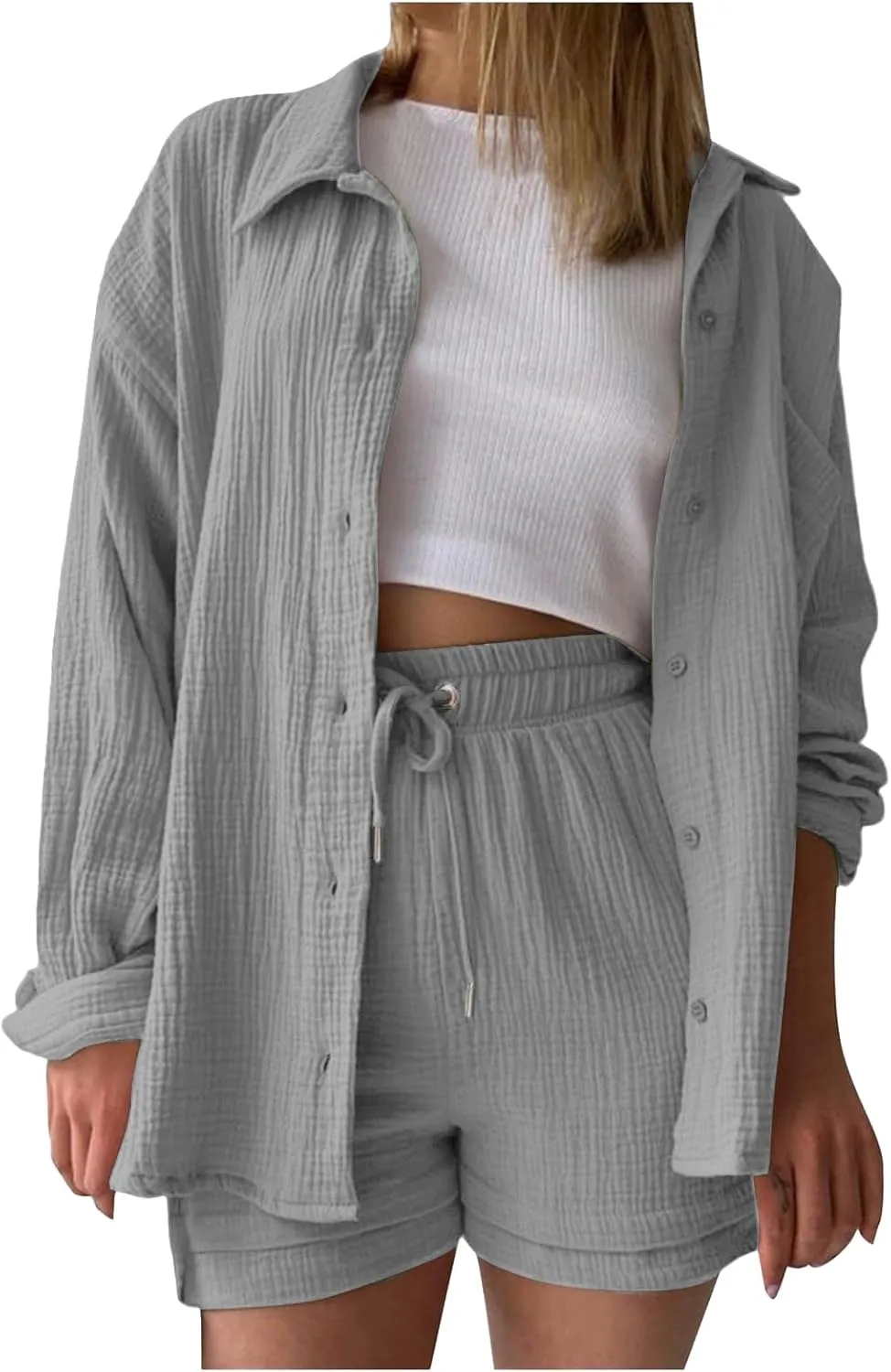 ZWRXW Linen 2 Piece Sets for Women Fashion Texture Lounge Sets Oversized Shirts and Shorts Matching Set Spring Summer Outfit