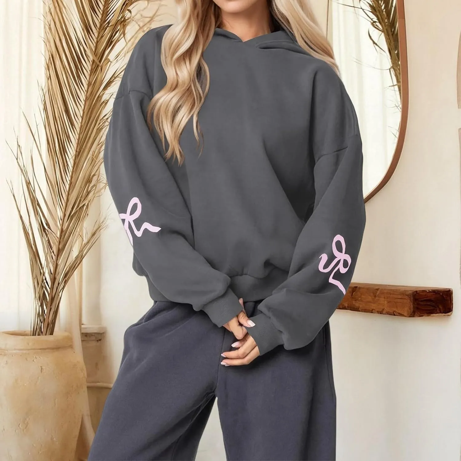 ZWRXW Womens Bow Print Hoodies Oversized Long Sleeve Drop Shoulder Sweatshirts Fall Winter Casual Hooded Pullover Tops