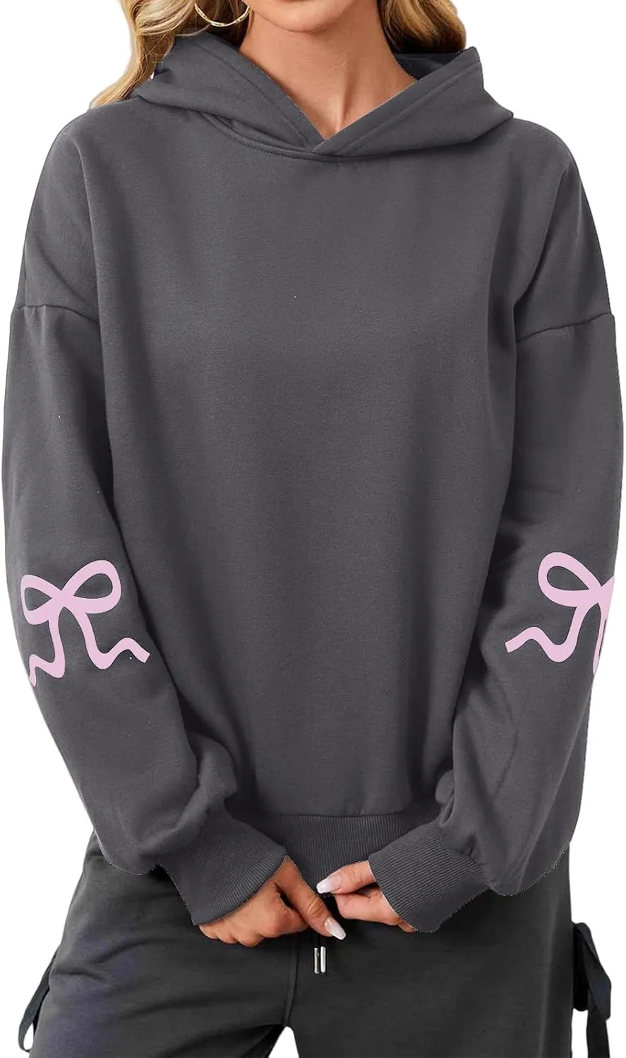 ZWRXW Womens Bow Print Hoodies Oversized Long Sleeve Drop Shoulder Sweatshirts Fall Winter Casual Hooded Pullover Tops
