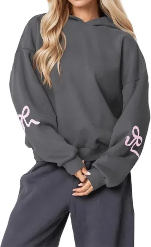 ZWRXW Womens Bow Print Hoodies Oversized Long Sleeve Drop Shoulder Sweatshirts Fall Winter Casual Hooded Pullover Tops